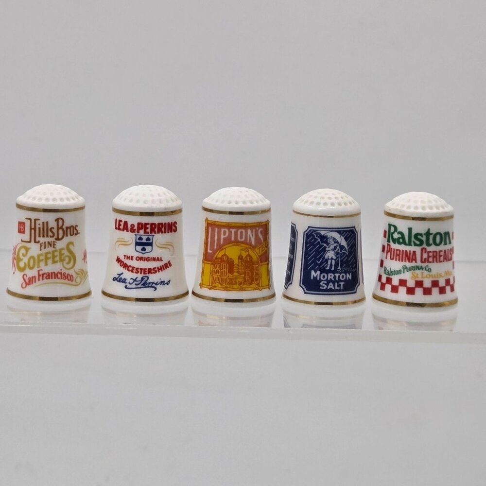 Country Store Advertising Thimbles Set of 25 and Info Cards W/ Wood Display Rack - Picture 13 of 16
